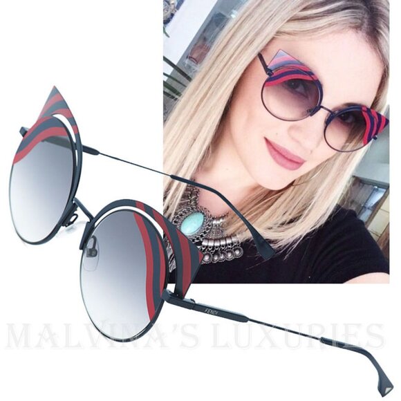 FENDI HYPNOSHINE SUNGLASSES FF 0215/S BLUE RED WAVE STRIPE CAT EYE FRAME - Picture 1 of 6
